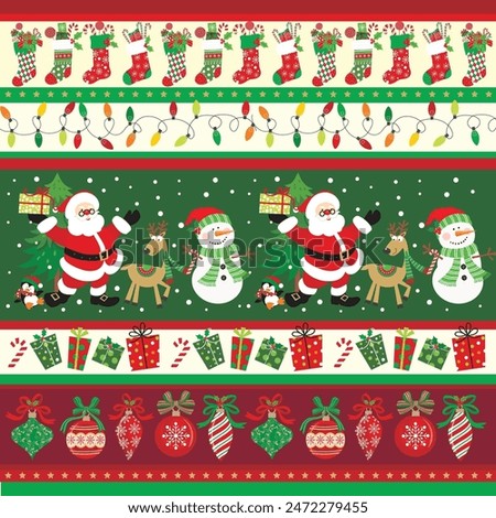 Christmas card design with Santa, snowman, reindeer, bauble, stocking and penguin