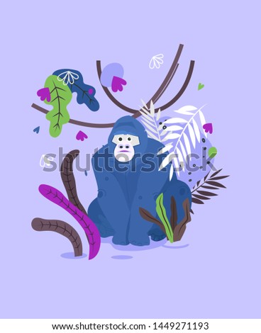 Gorilla flat hand drawn card. Cute monkey character on jungle illustration. Palm leaves, flowers and exotic animal print in simple abstract style.