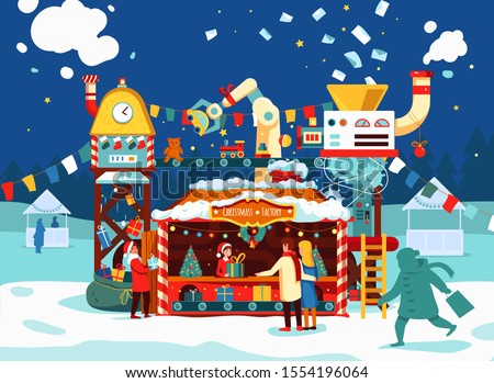 Christmas market. Christmas gift factory with toys, present on conveyor. Fair with a magic stall, where letters to Santa Claus turn into gifts. Family with gift boxes on xmas fair. Winter holidays