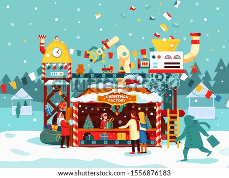 Winter festive fair in the city, stalls with gifts and garlands. People are buying Christmas presents. Christmas magic factory, where children's dreams turn into gifts and toys. New Year holidays