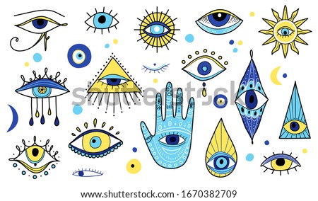 Evil eyes icon set, various talismans in hand drawn style. Evil Eye, Hamsa, Hand of Fatima. Popular amulets illustrations in blue color. Eye of Providence. Sacred geometry, religion, spirituality sign