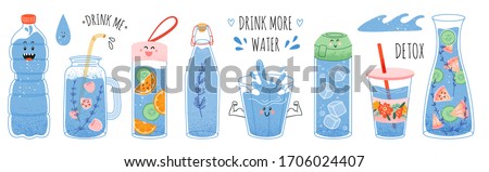 Concept drink more water, drinking water in a thermos and plastic mug, glass bottle. Vector set of various bottles, glass, flask in hand drawn style, correct daily habits, morning rituals. Zero waste