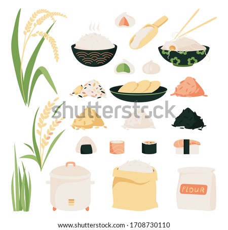 Rice vector icon set. Collection of icons of rice products: noodles, sushi, mochi rice cake, flour. Rice variety, plants from plantation and isolated products. Сток-фото © 