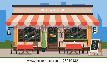 Street cafe. Cafe shop in old french style. Vintage wooden facade of a cafe with a canopy, wooden tables and chairs. Vector illustration of traditional popular place to meet, drink and eat.