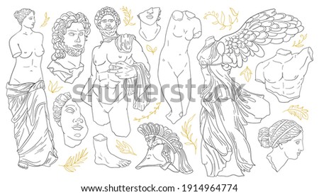 Vector set of antique sculptures. Antique statues Venus, Apollo, Nike, greek statue head and body. Linear icons greek gods, hand drawn mythical sketch collection. Contemporary minimal shapes, isolated