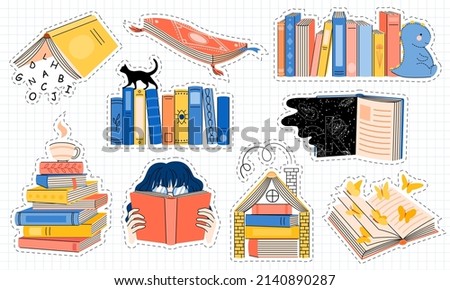 Books and reading, vector icons set in doodle style. Graphic concepts about reading, favorite hobby, fantasy, fiction, fairy tales. Collection of isolated stickers with stacks and pile of books.