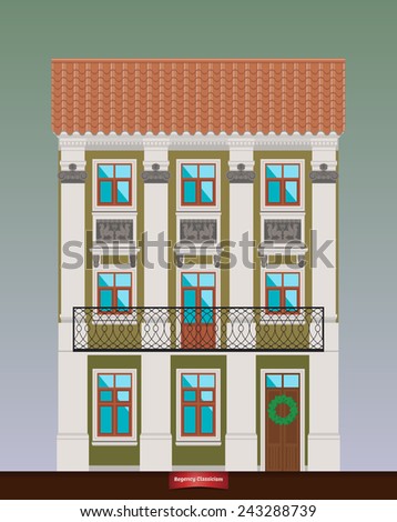 Dwelling house in Classicism style. Classical town architecture. Vector building. City infrastructure. Cityscape old beautiful building. Real estate. Elements for urban village landscapes. Townhouse.