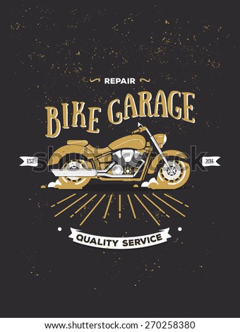 Vector logotype of vintage motorcycle. Retro motorcycle logo. Motorbike vector print in flat style. Bike garage. Elements for logos, banners, posters, t-shirts. Bar, club poster with grange texture.