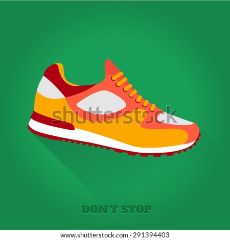 Vector icon shoes for training. Running shoe, sneaker isolated on green background. Flat design with long shadow. 10 eps