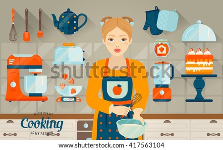 Vector set of kitchen objects. Printable art for culinary postcard, book and menu. Flat style. Illustration beautiful girl is preparing in the kitchen. A fun  collection of kitchen utensils.