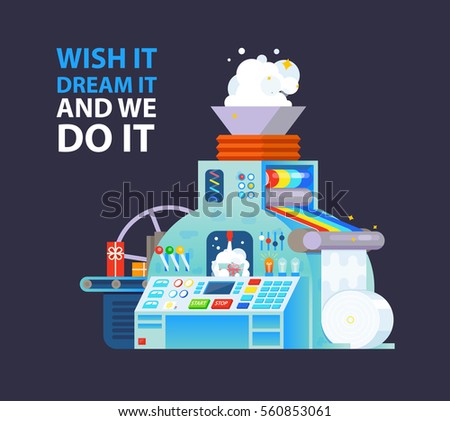 Vector creative poster print with gift factory machine. Holiday illustration of conveyor process with wish list. 