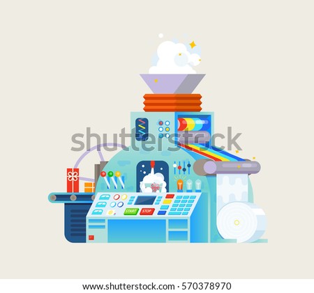 Vector creative print with gift factory machine isolated on light background. Holiday illustration of conveyor process with wish list. Isometric style card design