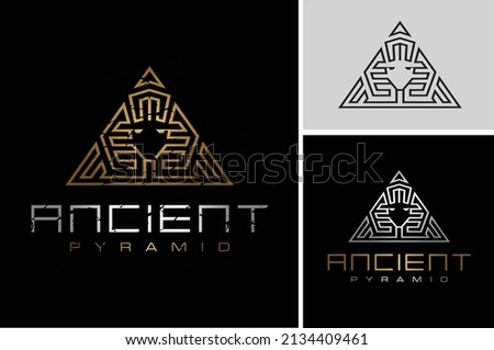 Golden Ancient Egyptian Sphinx Pyramid, Artistic Gold of Egypt King logo design with triangle luxury line pattern logo design