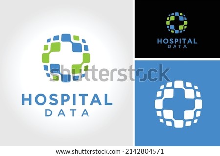 Modern Hospital Pharmacy Cross with digital data square connection logo design