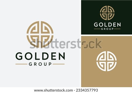 Circular Golden initial G, Monogram GG with Asian Greek pattern for Global Gold Company logo design