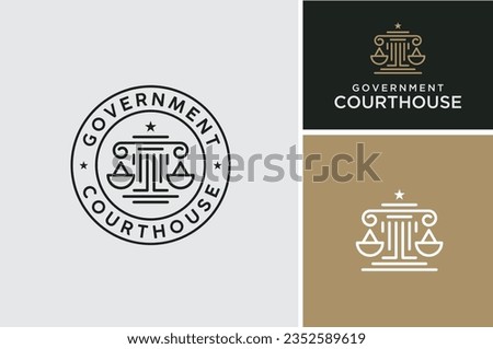 Libra Justice Scales with Greek Pillar Column Building for Court Courthouse Lawyer Attorney Government Judicial Law Office Label Stamp Emblem Badge Logo Design