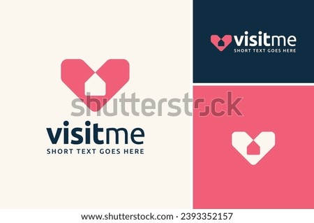 Heart Love Shape Initial Letter V Visit with House for Home Lover logo design