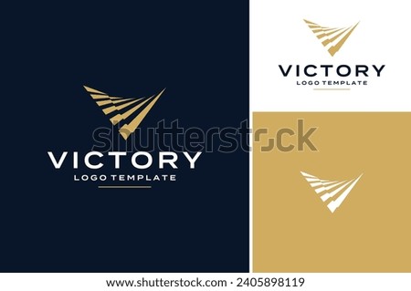 Initial Letter V Victory with Waving Fluttering Golden Ribbon Stripes Flag Pennant Pennon Banner Logo