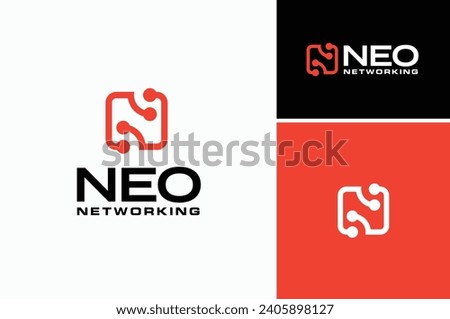 Initial Letter N with Rounded Square Line and Dots for Network Technology logo design 