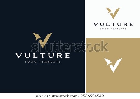 Initial Letter V with Flying Vulture Bird Silhouette or Victory Eagle Hawk Falcon Premium Badge logo design