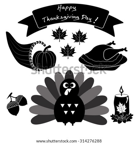 Set of Happy Thanksgiving Day holiday objects and icons on white background