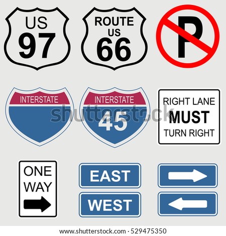 Set of road and highway signs.