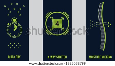 Sportswear Product and fabric feature icons, Active wear Performance icons and symbols for Sportswear products and garments, Fabric properties and textile  special feature signs and symbols icon set.