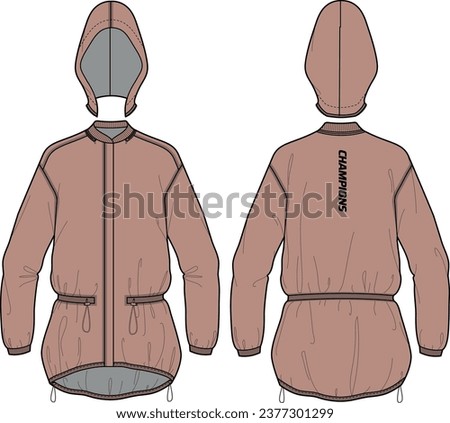 Lightweight Anorak detachable Hoodie jacket design flat sketch illustration, popover jacket with front and back view, windcheater winter jacket for girl and women. for hiking and workout in winter.