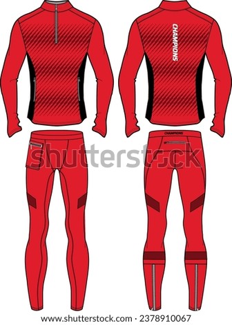 Long sleeve Compression running base layer top t shirt with Compression tight leggings pants flat sketch design illustration with front and back view for running, workout and training kit