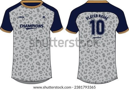Sports jersey t shirt design flat sketch illustration, Leopard skin printed Round neck football jersey concept with front and back view for Cricket, soccer, Volleyball and badminton uniform kit
