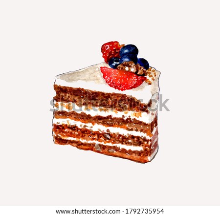 A piece of cake with cream and fresh berries on a white background. Watercolor illustration