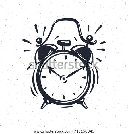 Hand drawn alarm clock isolated on white background. Vector old-fashioned illustration. Modern calligraphy style set. 