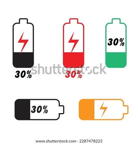 Set of mobile phone battery charging flat vector illustration, 30% charging bar vector illustration.
