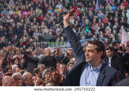 Thessaloniki, Greece January 21, 2015 - Alexis Tsipras leader of the Coalition of the Radical Left (SYRIZA) speaks in Palai de sport, Thessaloniki, Greece few days before the National  elections 2015