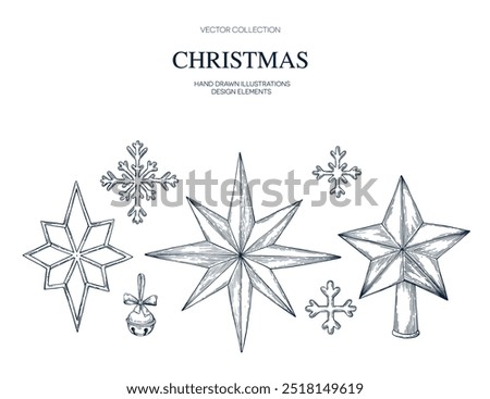 Christmas star shape, snowflake, jingle bell hand drawn Isolated vector illustration set. Christmas tree toy for holiday poster, party, New Year cards, greeting, invitation. Engraving style collection