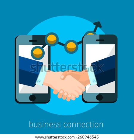 business connection and relations. Handshake, business icons in flat, e-business, apps banner, iPhone illustration,