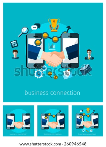 business connection and relations. Handshake, business icons in flat, e-business, apps banner