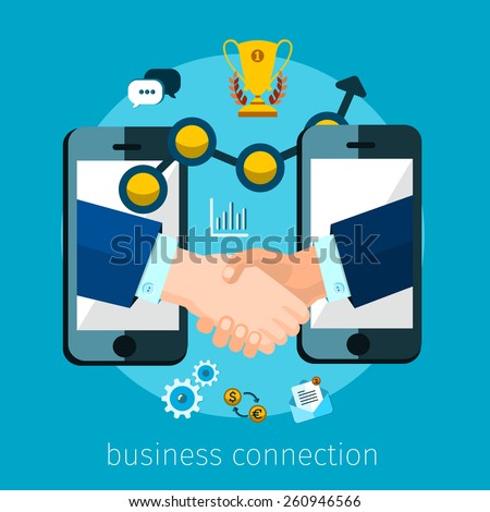 business connection and relations. Handshake, business icons in flat, e-business, apps banner, iPhone illustration