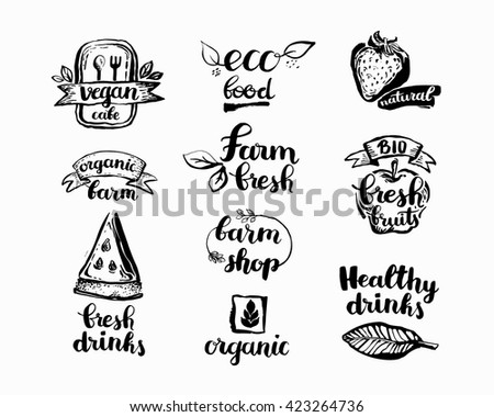 Hand-Drawn farm fresh logo set. Label collection of organic eco company, vegetarianets, bio labels. For vegetarian restaurant, vegan cafe menu, restaurant menu, organic shops, markets. Inc lettering