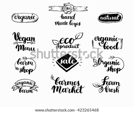 Hand-Drawn farm fresh logo set. Label collection of organic eco company, vegetarianets, bio labels. For vegan restaurant, vegan cafe menu, restaurant menu, organic shops, markets. Inc lettering