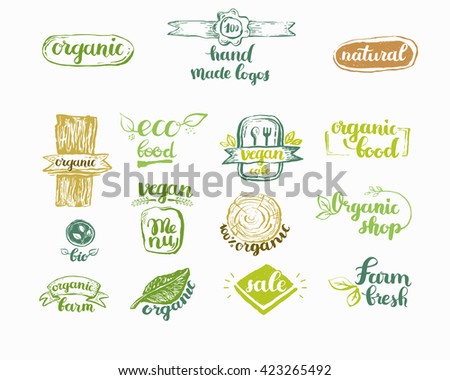 Hand-Drawn farm fresh logo set. Label collection of organic eco company, vegetarianets, bio labels. For vegan restaurant, vegan cafe menu, restaurant menu, organic shops, markets. Inc lettering