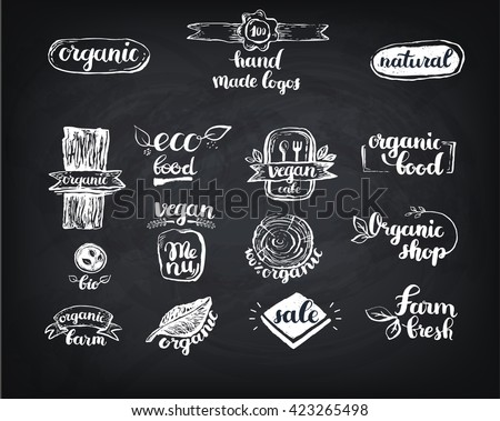 Hand-Drawn farm fresh logo set. Label collection of organic eco company, vegetarianets, bio labels. For vegan restaurant, vegan cafe menu, restaurant menu, organic shops, markets. Inc lettering