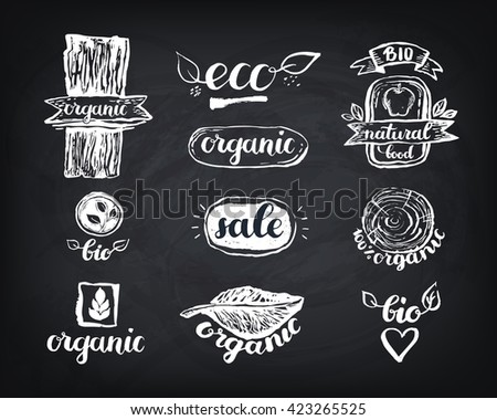 Hand-Drawn farm fresh logo set. Label collection of organic eco company, vegetarianets, bio labels. For vegan restaurant, vegan cafe menu, restaurant menu, organic shops, markets. Inc lettering