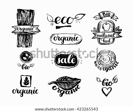 Hand-Drawn farm fresh logo set. Label collection of organic eco company, vegetarianets, bio labels. For vegan restaurant, vegan cafe menu, restaurant menu, organic shops, markets. Inc lettering