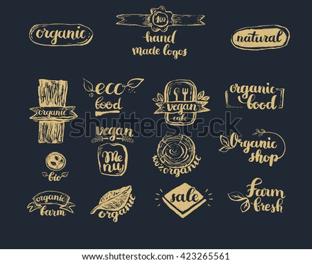 Hand-Drawn farm fresh logo set. Label collection of organic eco company, vegetarianets, bio labels. For vegan restaurant, vegan cafe menu, restaurant menu, organic shops, markets. Inc lettering