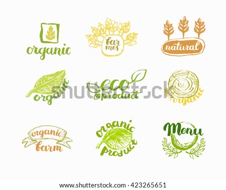 Hand-Drawn farm fresh logo set. Label collection of organic eco company, vegetarianets, bio labels. For vegetarian restaurant, vegan cafe menu, restaurant menu, organic shops, markets. Inc lettering