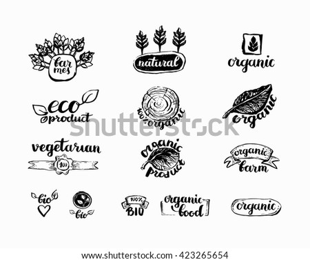 Hand-Drawn farm fresh logo set. Label collection of organic eco company, vegetarianets, bio labels. For vegetarian restaurant, vegan cafe menu, restaurant menu, organic shops, markets. Inc lettering