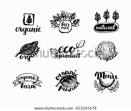 Hand-Drawn farm fresh logo set. Label collection of organic eco company, vegetarianets, bio labels. For vegetarian restaurant, vegan cafe menu, restaurant menu, organic shops, markets. Inc lettering