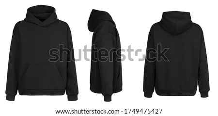 Blank black hoodie template. Hoodie sweatshirt long sleeve with clipping path, hoody for design mockup for print, isolated on white background.
