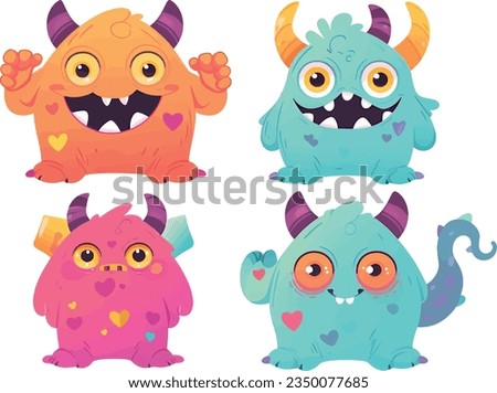 EPS vector file showcasing four adorable, vibrant little monsters. Each creature radiates charm, exuding cheerful and comical expressions. Far from frightening, they're irresistibly cute and jovial.